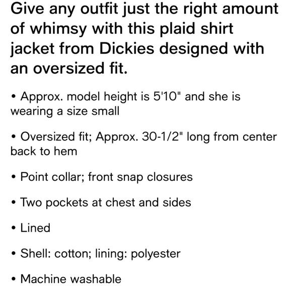 NWT Dickies Red/Black Buffalo Check Shacket Oversized Jacket Snap Up Pockets S - Picture 4 of 4